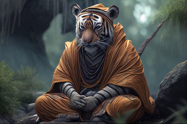En tiger i munkekutte som mediterer rolig i en tåkete skog.
