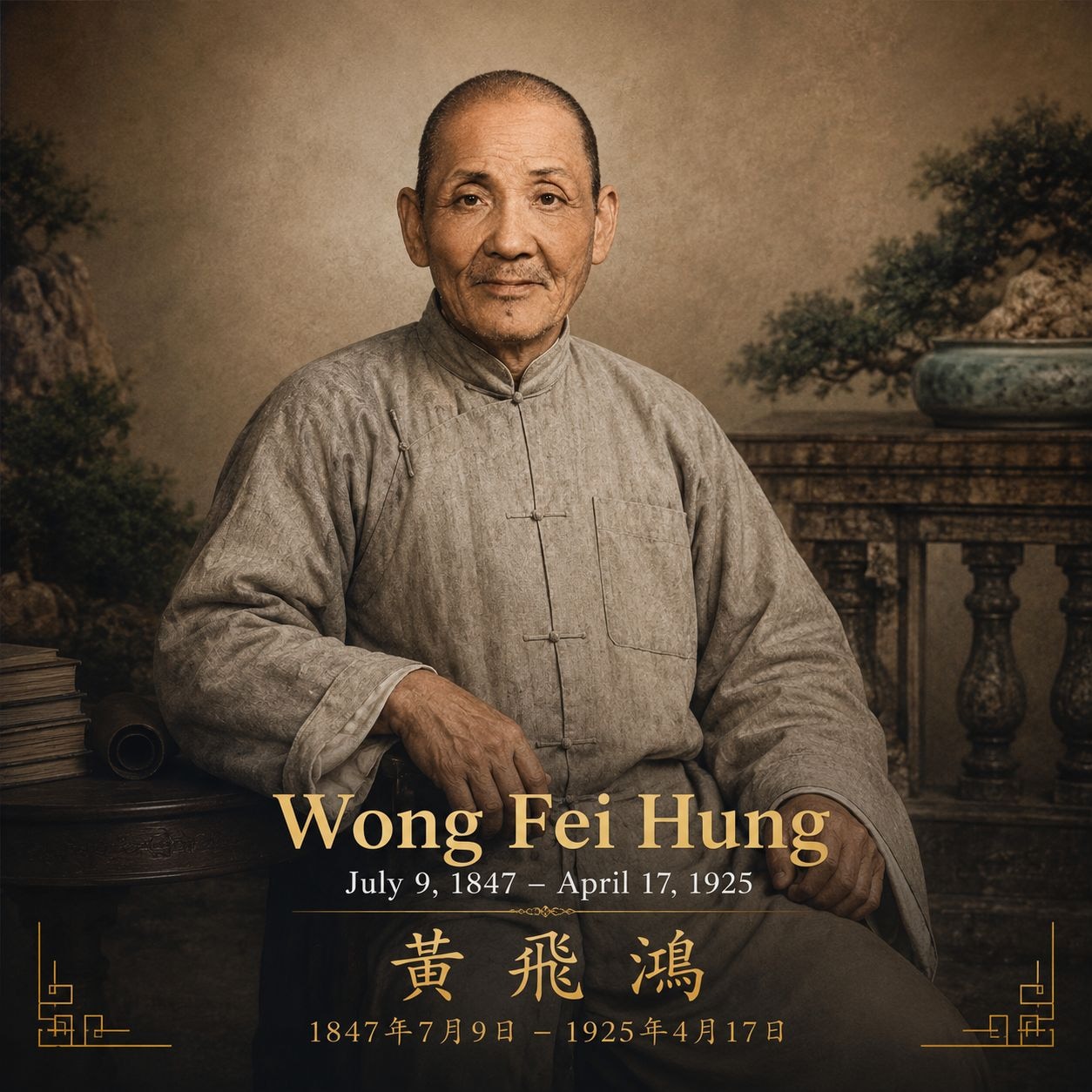 Et portrett av Wong Fei-hung, den legendariske Hung Gar-mesteren og folkehelten (1847–1925).