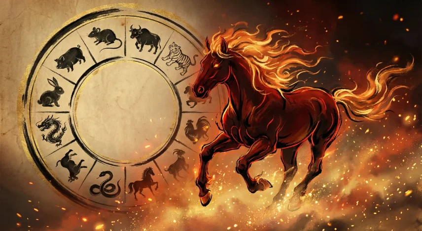 En ildhest i bevegelse — symbol for det kinesiske nyttåret 2026, energi og fremdrift.